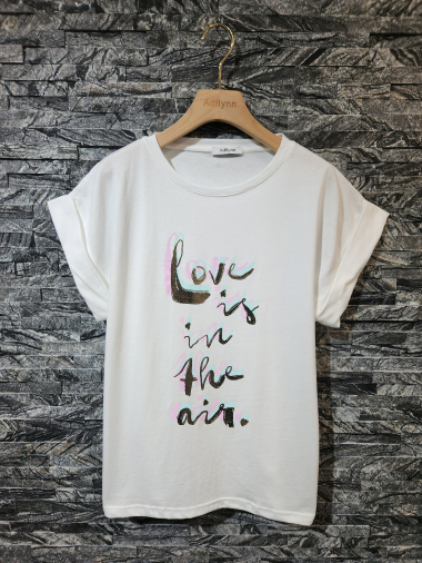 Grossiste Adilynn - T-shirt imprimé « Love is in the air », col rond, manches courtes à revers