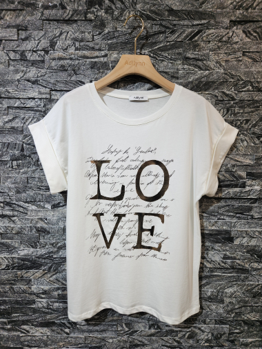 Grossiste Adilynn - T-shirt imprimé « Love » métallisé, col rond, manches courtes à revers
