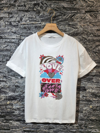 Grossiste Adilynn - T-shirt imprimé « Love over fear », col rond, manches courtes à revers