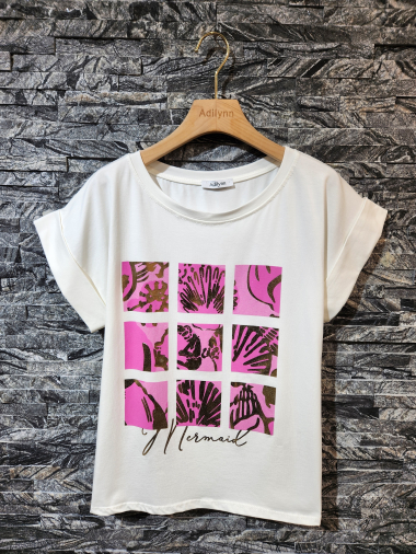 Wholesaler Adilynn - “Mermaid” printed t-shirt, round neck, short cuffed sleeves