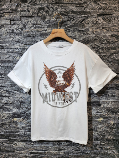 Großhändler Adilynn - T-Shirt mit „Midwest is rest“-Aufdruck, Rundhalsausschnitt und kurzen Ärmeln mit Bündchen