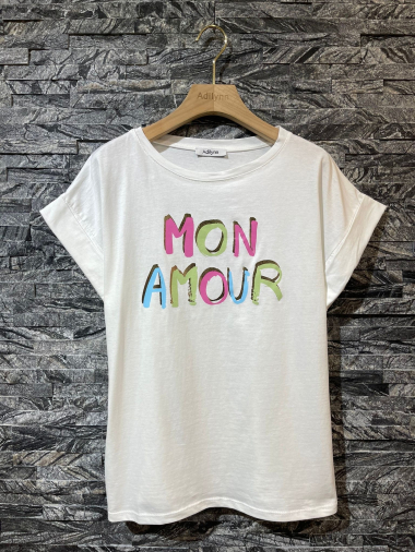 Mayorista Adilynn - Camiseta multicolor con estampado “Mon amour”, cuello redondo, manga corta con puño