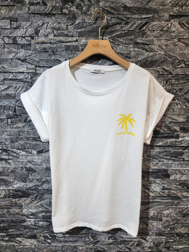 Wholesaler Adilynn - “Playa del Carmen” palm tree print T-shirt, round neck, short cuffed sleeves