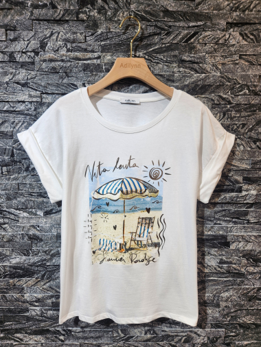 Mayorista Adilynn - Camiseta con estampado de sombrillas “Summer Paradise”, cuello redondo y manga corta con puño.