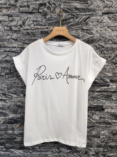 Grossiste Adilynn - T-shirt imprimé « Paris Amour », col rond, manches courtes à revers