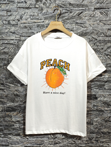 Großhändler Adilynn - „Peach“-T-Shirt mit Pfirsichdruck, Rundhalsausschnitt und kurzen Ärmeln mit Bündchen