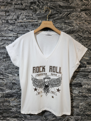 Grossiste Adilynn - T-shirt imprimé « Rock roll forever ever », col V, manches courtes