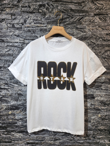 Grossiste Adilynn - T-shirt imprimé « Rock Star », col rond, manches courtes à revers