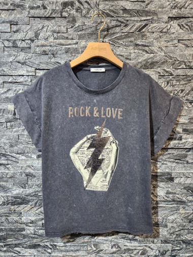 Grossiste Adilynn - T-shirt imprimé « Rock&Love », col rond, manches courtes à revers