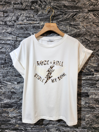 Großhändler Adilynn - T-Shirt mit „Rock&Roll stole my soul“-Aufdruck, Rundhalsausschnitt und kurzen Ärmeln mit Bündchen