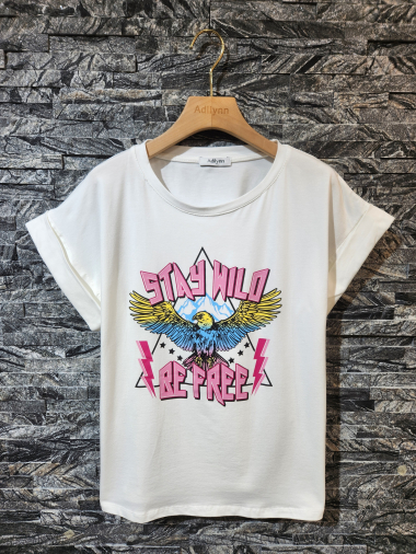 Grossiste Adilynn - T-shirt imprimé « Stay wild Be free », col rond, manches courtes à revers