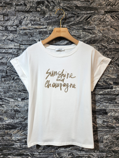 Großhändler Adilynn - T-Shirt mit „Sunshine and Champagne“-Aufdruck, Rundhalsausschnitt und kurzen Ärmeln mit Bündchen