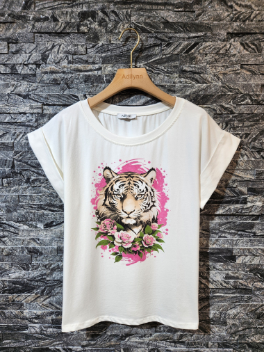 Grossiste Adilynn - T-shirt imprimé tigre, col rond, manches courtes à revers