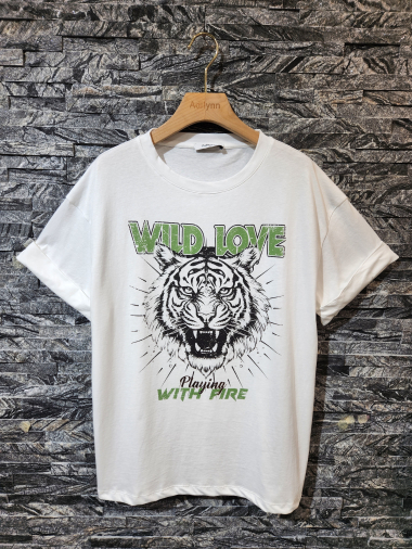 Großhändler Adilynn - T-Shirt mit Tigerprint „Wild Love“, Rundhalsausschnitt und kurzen Ärmeln