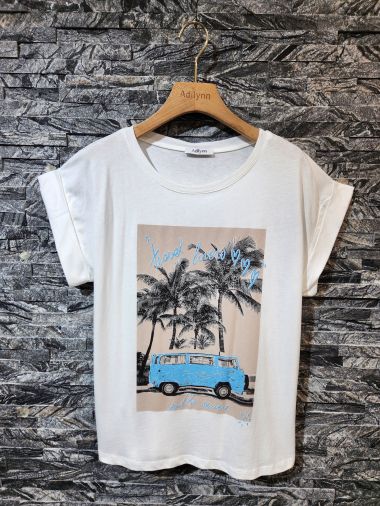 Grossiste Adilynn - T-shirt imprimé « Travel lovers », col rond, manches courtes à revers