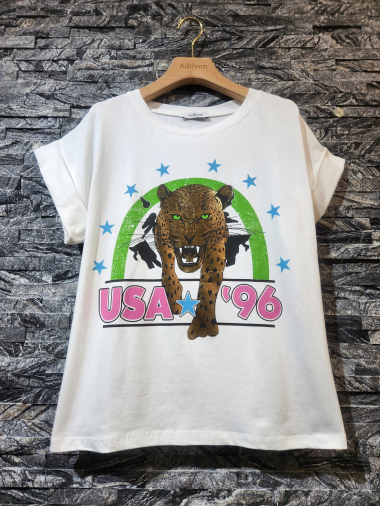 Grossiste Adilynn - T-shirt imprimé « USA ‘96 », col rond, manches courtes à revers