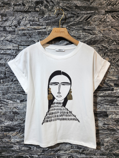 Mayorista Adilynn - Camiseta de mujer con estampado de caras, cuello redondo y manga corta con puño.