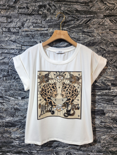 Grossiste Adilynn - T-shirt imprimé « Wild for you », col rond, manches courtes à revers