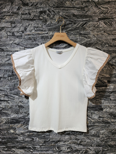 Wholesaler Adilynn - Plain cotton T-shirt with V-neck, ruffled sleeves