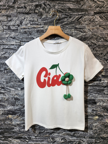 Wholesaler Adilynn - “Ciao” ​​printed t-shirt with a raised flower, round neck, short sleeves
