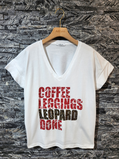 Wholesaler Adilynn - "Coffee Leggings Leopard Done" printed t-shirt, V-neck, short sleeves