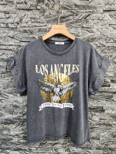 Grossiste Adilynn - Tshirt imprimé "Los Angeles" avec aigle, col rond, manches courtes à revers