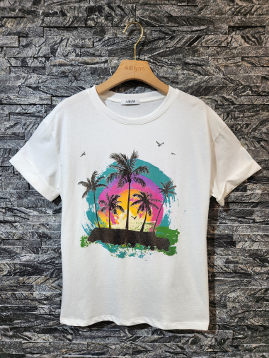 Wholesaler Adilynn - Palm tree print t-shirt, round neck, short cuffed sleeves