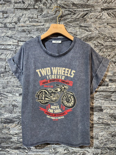 Grossiste Adilynn - Tshirt imprimé « Two wheels forever », col rond, manches courtes à revers