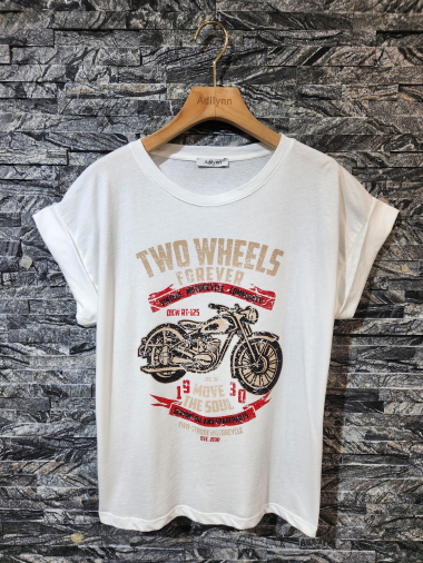 Grossiste Adilynn - Tshirt imprimé « Two wheels forever », col rond, manches courtes à revers