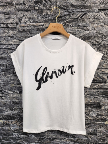 Wholesaler Adilynn - "Glamour" heart printed T-shirt, round neck, short cuffed sleeves