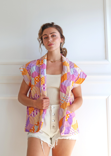 Wholesaler Adilynn - Geometric print sleeveless padded jacket, with pockets