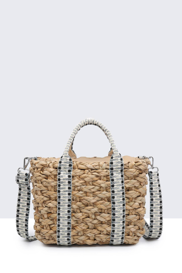 Wholesaler A&E - G8837-BV Raffia basket handbag with patterned textile handle