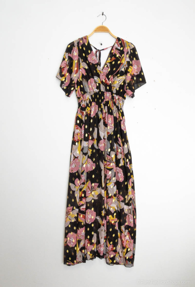 Wholesaler AISABELLE - Long dress with wrap collar, flared sleeves, floral print and gold sequins.