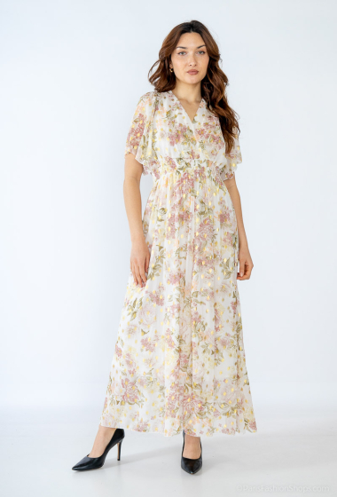 Wholesaler AISABELLE - Long dress with wrapover collar, flared sleeve