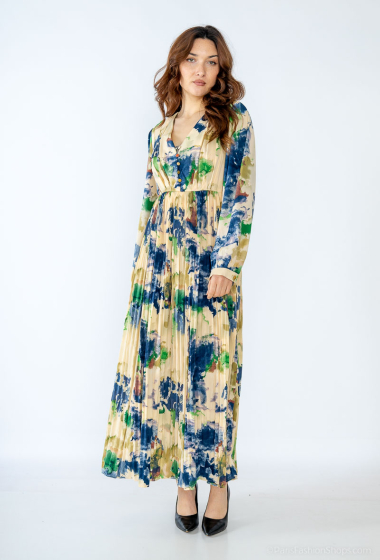 Großhändler AISABELLE - Langärmliges, plissiertes Kleid mit V-Ausschnitt und abstraktem Aufdruck