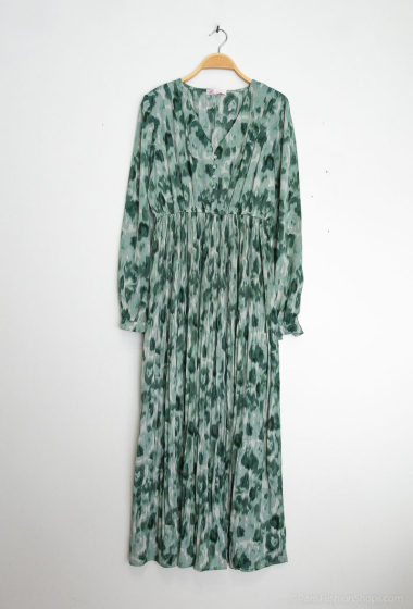 Grossiste AISABELLE - Robe plissé longue manche longue col V avec imprimé abstrait
