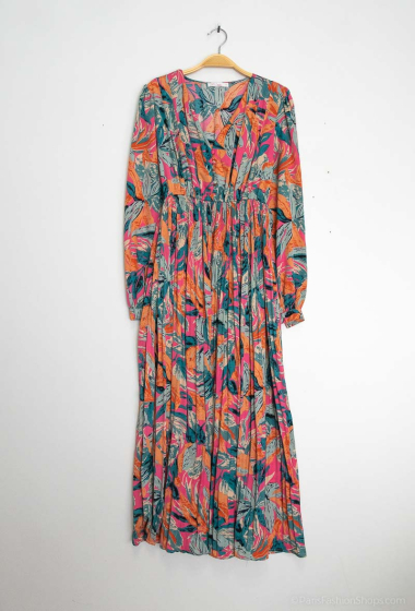 Großhändler AISABELLE - Langärmliges, plissiertes Kleid mit V-Ausschnitt und tropischem Aufdruck
