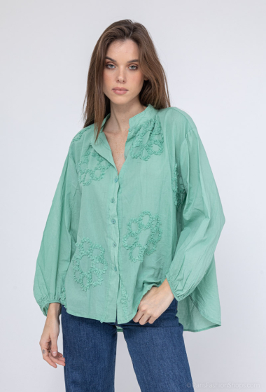 Wholesaler BY COCO - Cotton voile shirt with embroidered flowers and Mao collar