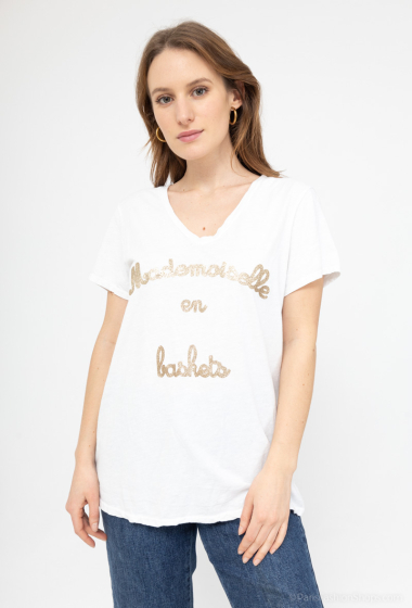 Grossiste BY COCO - T-Shirt coton col V Mademoiselle en Baskets pailleté