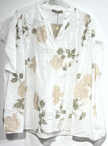 Wholesaler BY COCO - Cotton voile top with Mao collar and flower print with gold edging on the flowers