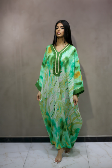 Wholesaler ALYA - Loose Abaya Dress with Trendy Printed Patterns and Embroidered Sleeves