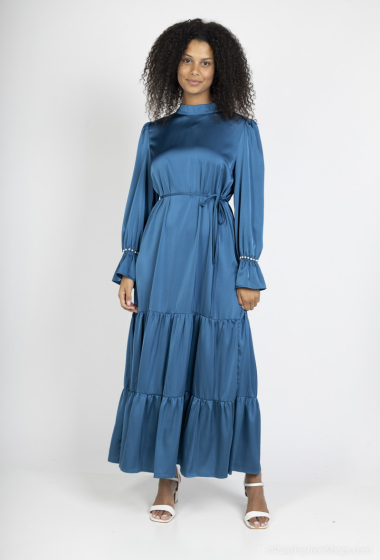 Grossiste ALYA - Robe Abaya Satinée Bleue avec Perles sur Manches et Bas Volantés
