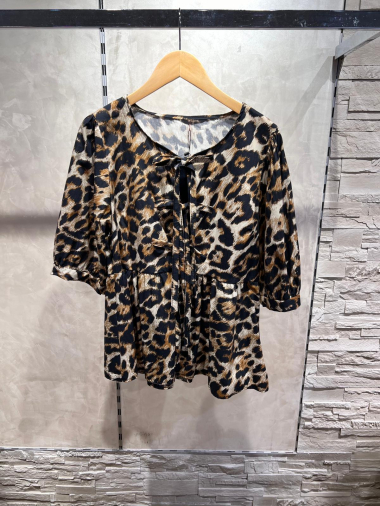 Grossiste Amy&Clo - Blouse en coton à noeud imprimé léopard