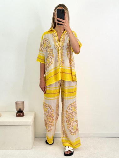 Wholesaler Amy&Clo - Baroque print short shirt and flowing pants set