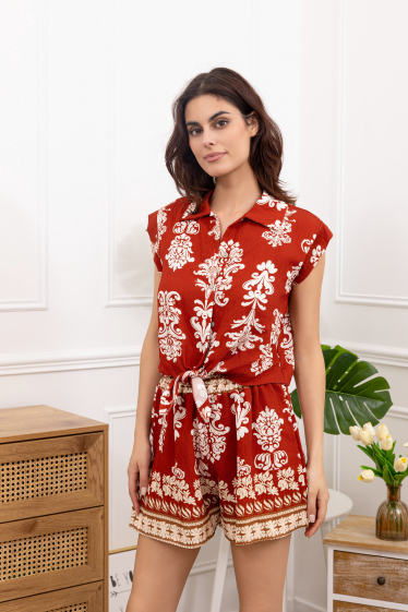 Wholesaler Amy&Clo - Crepe set sleeveless shirt and ethnic printed shorts