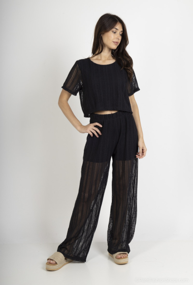 Wholesaler Amy&Clo - Crochet short-sleeved top and wide-leg pants set