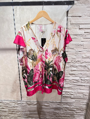 Großhändler Amy&Clo Grande Taille - Natürlich bedruckte Bluse mit V-Ausschnitt