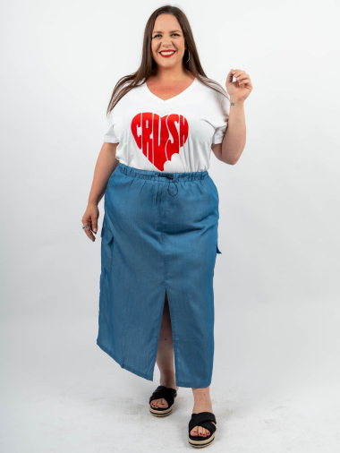 Wholesaler Amy&Clo - Plus size Midi skirt with slit in tencel