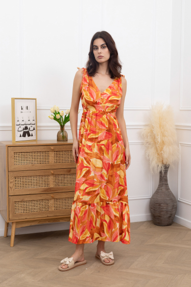 Wholesaler Amy&Clo - Foliage-Print Buttoned Maxi-Long Dress