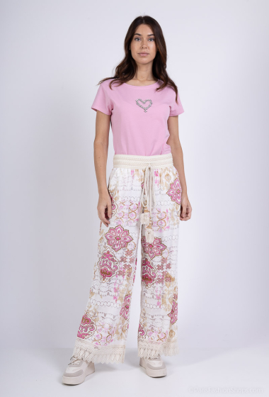 Wholesaler Amy&Clo - Bohemian printed wide pants with pompom
